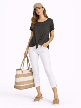 Denver Hayes Charcoal Ribbed Tee Tie-Front Button-Down Back – Size Large EUC